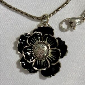 BrightonBlack Enamel Flower Pendant Necklace 18”  Silver-plated Vintage